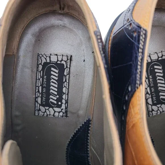 Mauri Vintage Alligator Exotic Mens 12M Honey Tan Navy Blue Dress Shoes Italy - Picture 10 of 10